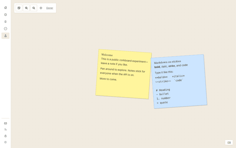 Corkboard experiment — sticky notes on an infinite board