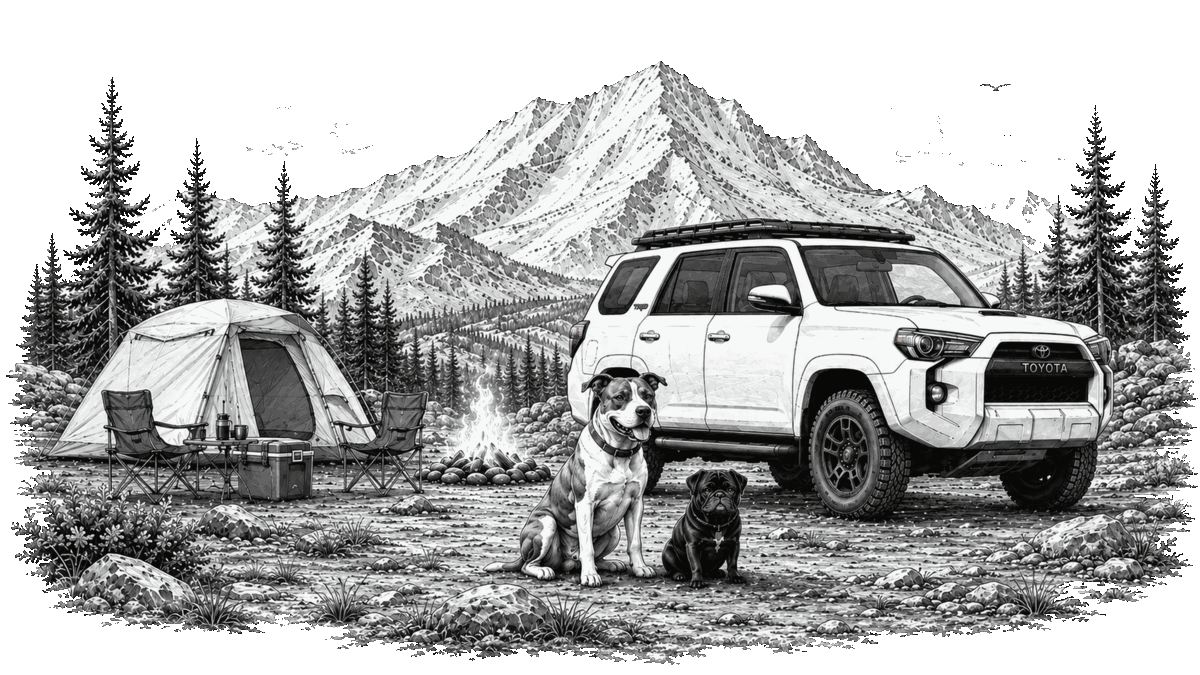 Black-and-white illustration of Joshua’s white Toyota 4Runner at a mountain campsite with his dogs.